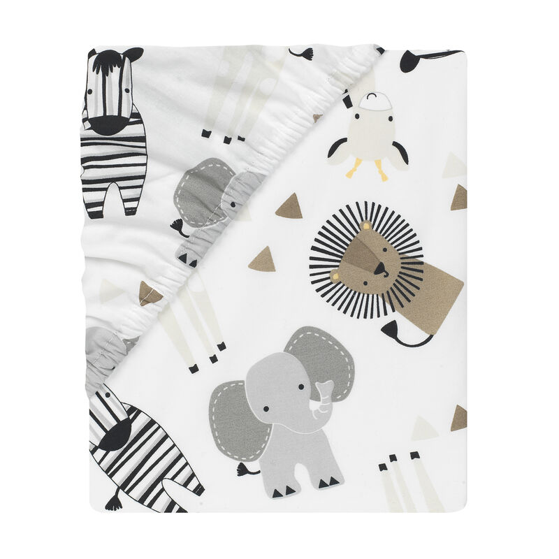 Lambs & Ivy Jungle Safari Cotton White/Gray Elephant/Lion Fitted Mini Crib Sheet