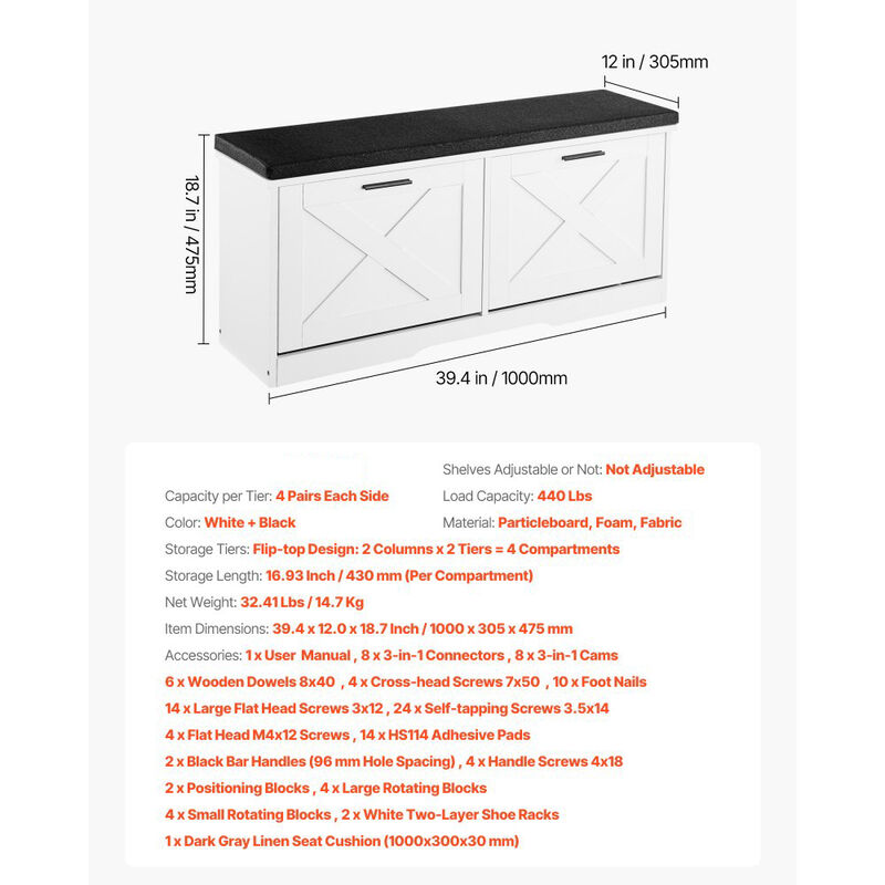 Entryway Shoe Storage Bench with Cushion, Flip Drawers and Shoe Organizer Rack image number 2