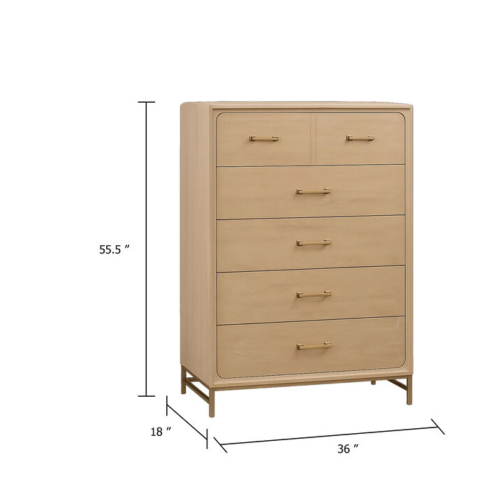 Rozie Tall Dresser Chest with 5 Drawers, Light Oak Brown Solid Wood