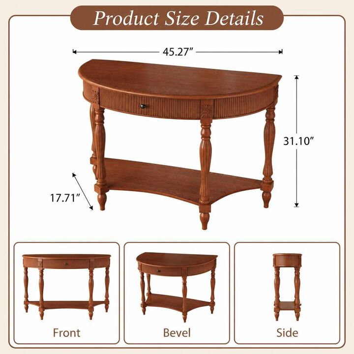 GOODSILO Solid Wood Half Moon Console Table with Drawer and Open Shelf, Fluted Vintage Curved Entryway Table for Narrow Hallway Living Room Foyer