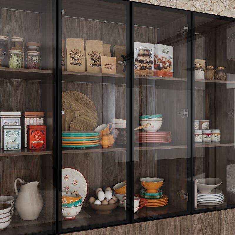 Brown Wood 63 in. W Display Cabinet With Pop up Tempered Glass Doors, 3-Color LED Lights, Drawers, Adjustable Shelves