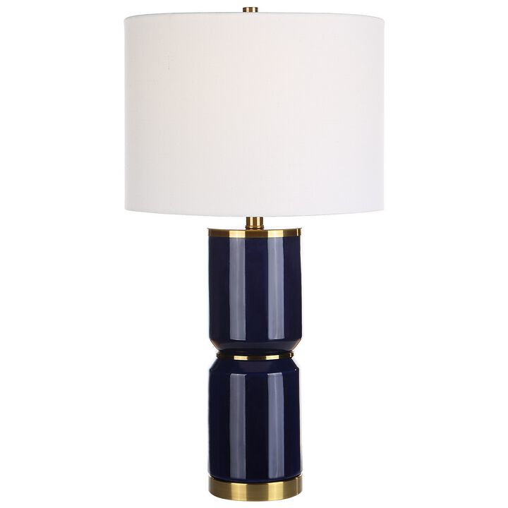 26 Inch Modern Table Lamp, Hardback Linen Shade, Ceramic Body, Blue, Gold-Benzara