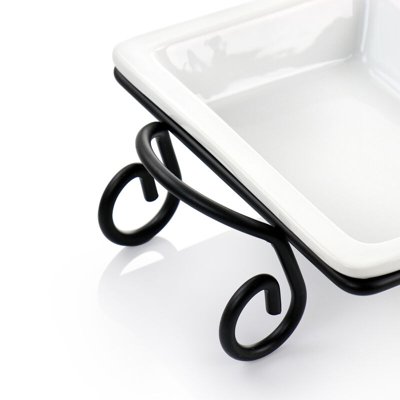 Elama 3 Section Divided Porcelain Serving Tray with Metal Rack
