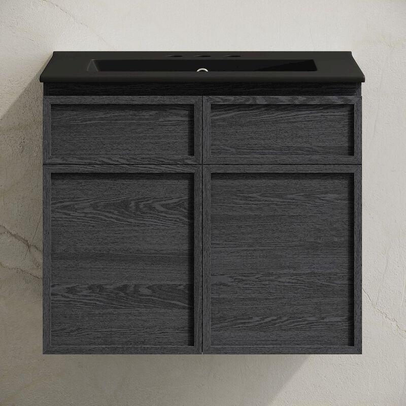 24" Wall-Mounted Bathroom Vanity in Black Oak, Black 3-Hole Centerset Sink Top image number 4