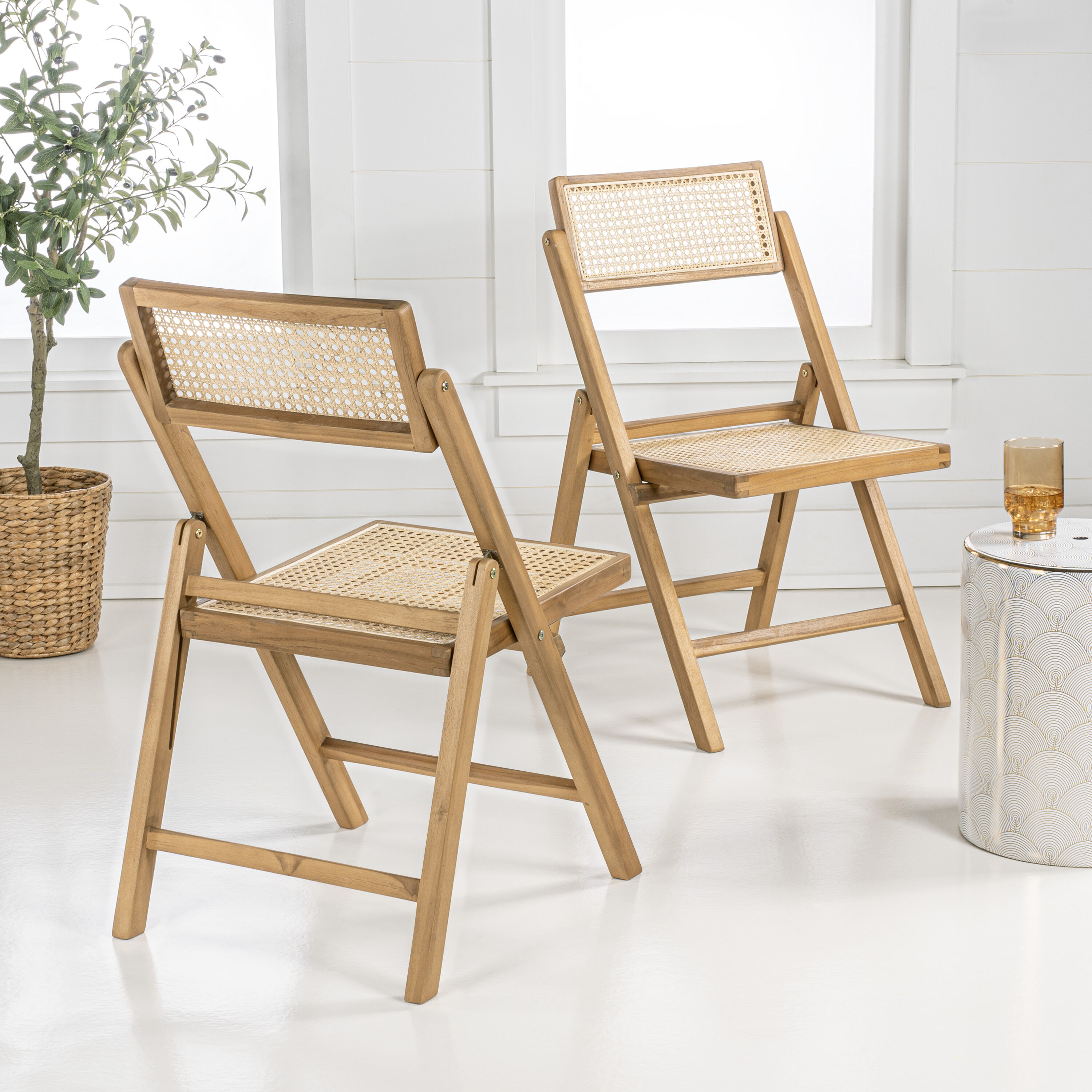 Theo Mid-Century Vintage Wood Rattan Folding Chair with Adjustable