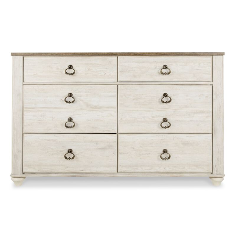 Isla Wide Dresser, 6 Drawers, Brown Wood Finish Top, Rustic Whitewash - Benzara
