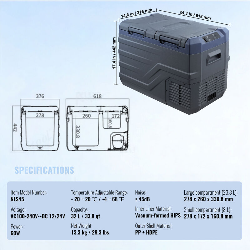 VEVOR Portable Car Refrigerator Freezer Compressor 32 L Dual Zone for Car Home image number 6
