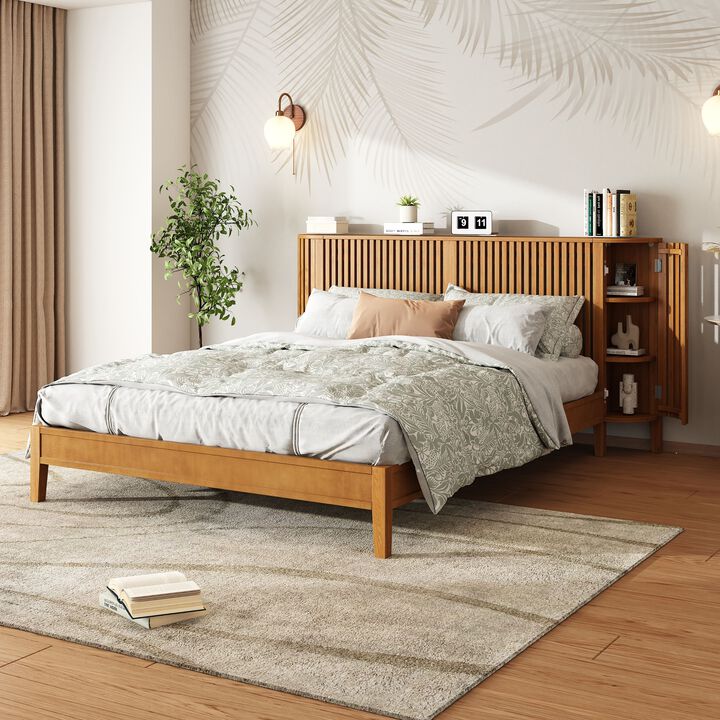 Christopher Knight Home Dyrik Mid-Century Modern Bed with Slatted Headboard and Built-in Side Storages