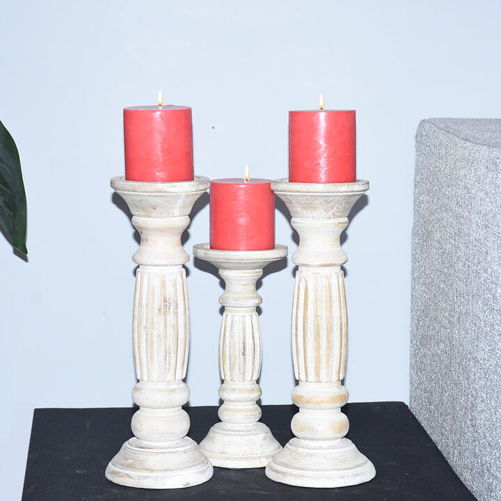 Traditional Antique White Eco-friendly Handmade Mango Wood Set Of Three 12",9" & 12" Pillar Candle Holder