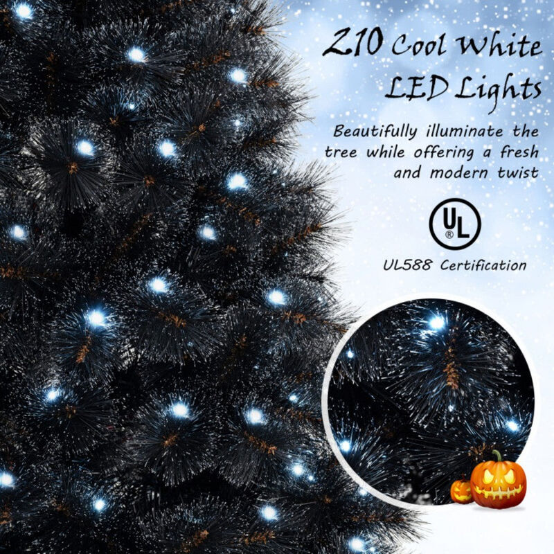 6ft Black Halloween Christmas Tree with PVC Branch Tips and 210 White LED Lights