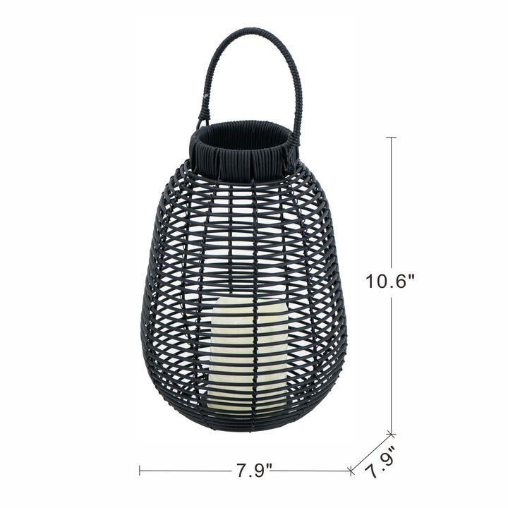 Clihome 7.9x7.9x10.6" Black Poly Rattan Lantern With White LED Candle