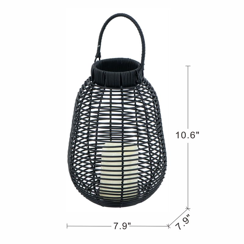 Clihome 7.9x7.9x10.6" Black Poly Rattan Lantern With White LED Candle