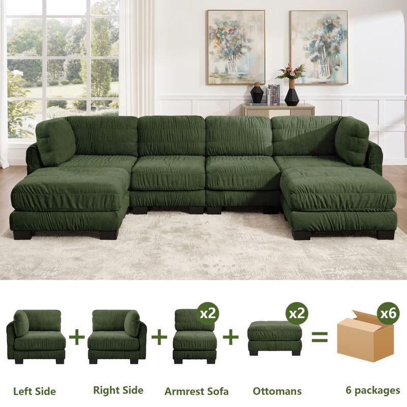 4 seat modular sectional sofa, Chenille L shaped sectional couch with ruched detailing, Modular sectional with 2 movable ottomans image number 5