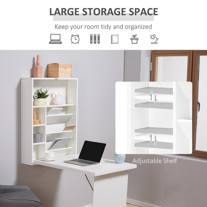 Space-Saving Workstation: White Wall-Mounted Convertible Desk with Storage