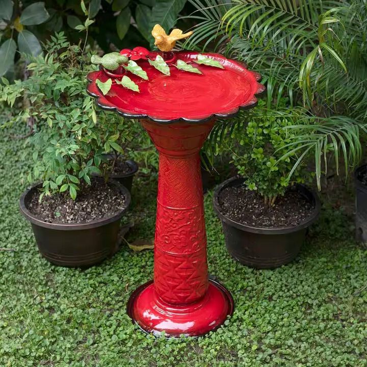 Metal Garden Patio Birdbath with Bird and Leaf Figurines for Outdoor Decor
