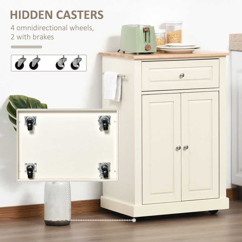 Rolling Kitchen Island Cart, Portable Serving Trolley Table with Drawer, Adjustable Shelf and 2 Towel Racks, Cream White
