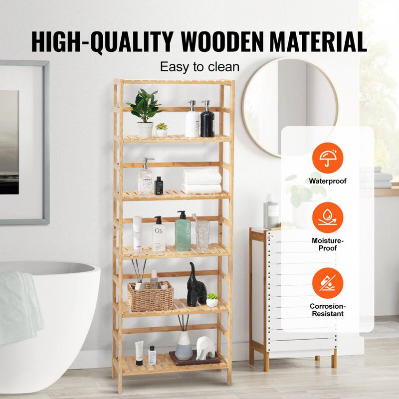 6-Tier Wicker Display Shelf, Open Bookcase Storage Rack for Living Room, Bedroom-Natural image number 5