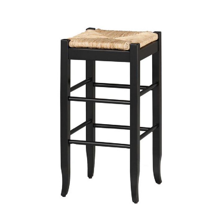 Rush Woven Wooden Frame Barstool with Saber Legs, Beige and Black-Benzara
