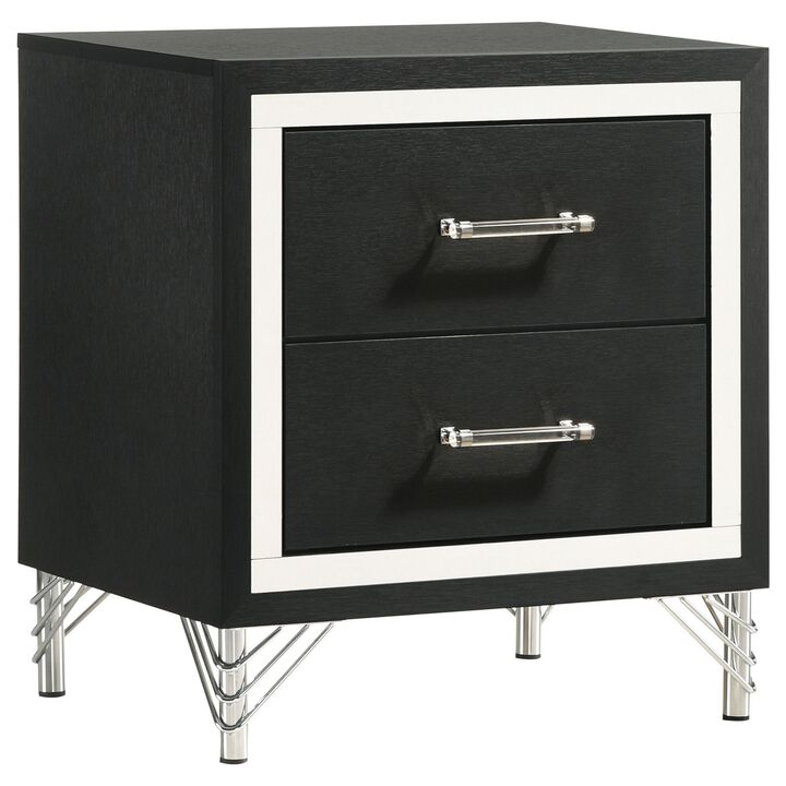 Jenny Nightstand, 24 Inch 2 Drawers and Chrome Accents, Modern Black - Benzara