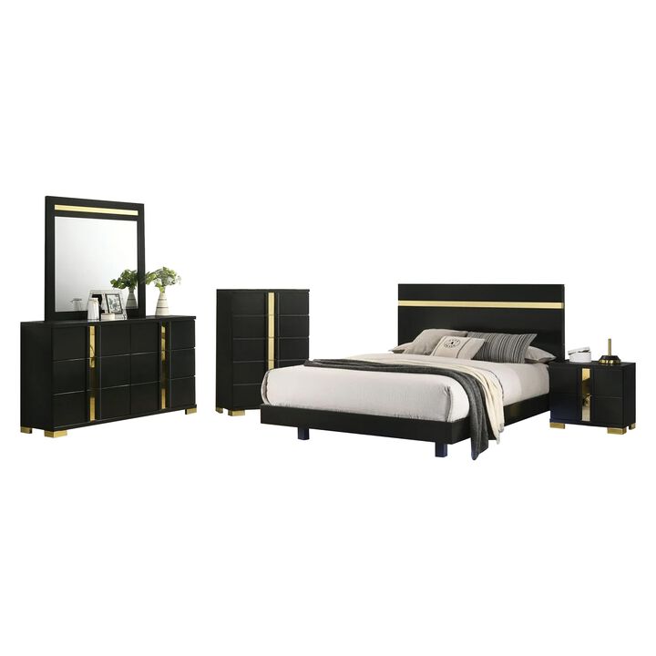 Yoki 5pc Queen Bedroom Set w Underbed LED, Black and Gold, Tall Dresser