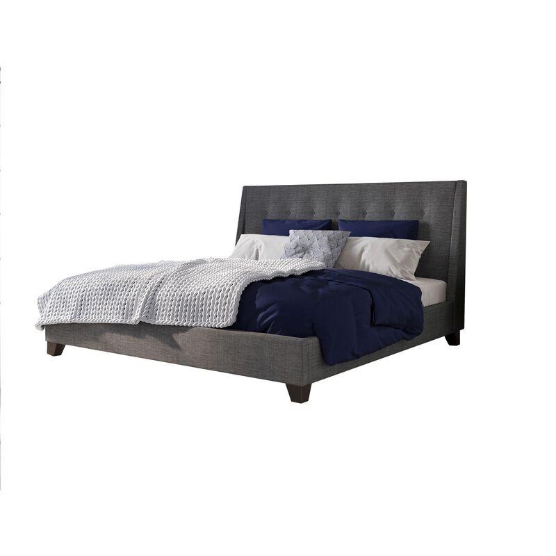 Atina King Bed, Dark Charcoal Gray Linen Upholstered, Slanted Headboard  - Benzara