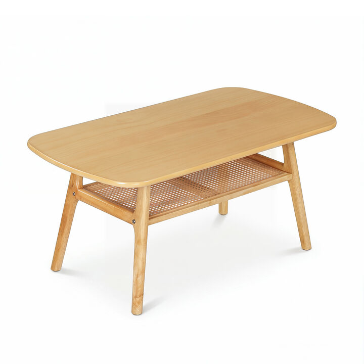 2-Tier Coffee Table with Rattan Shelf and Rounded Edge Design