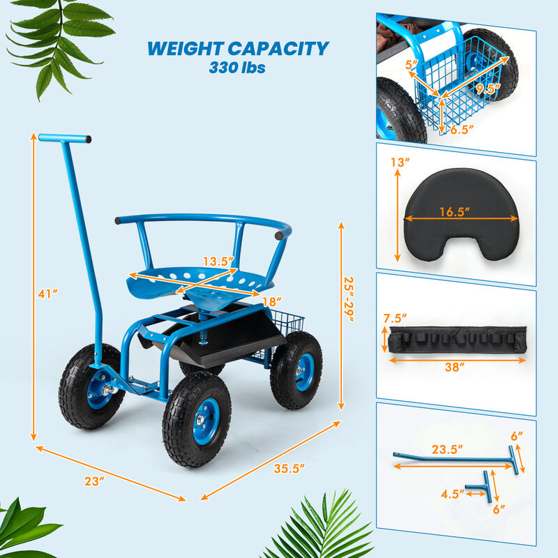 Portable Garden Seat Cart with Wheels, Swivel Function, and Tool Storage