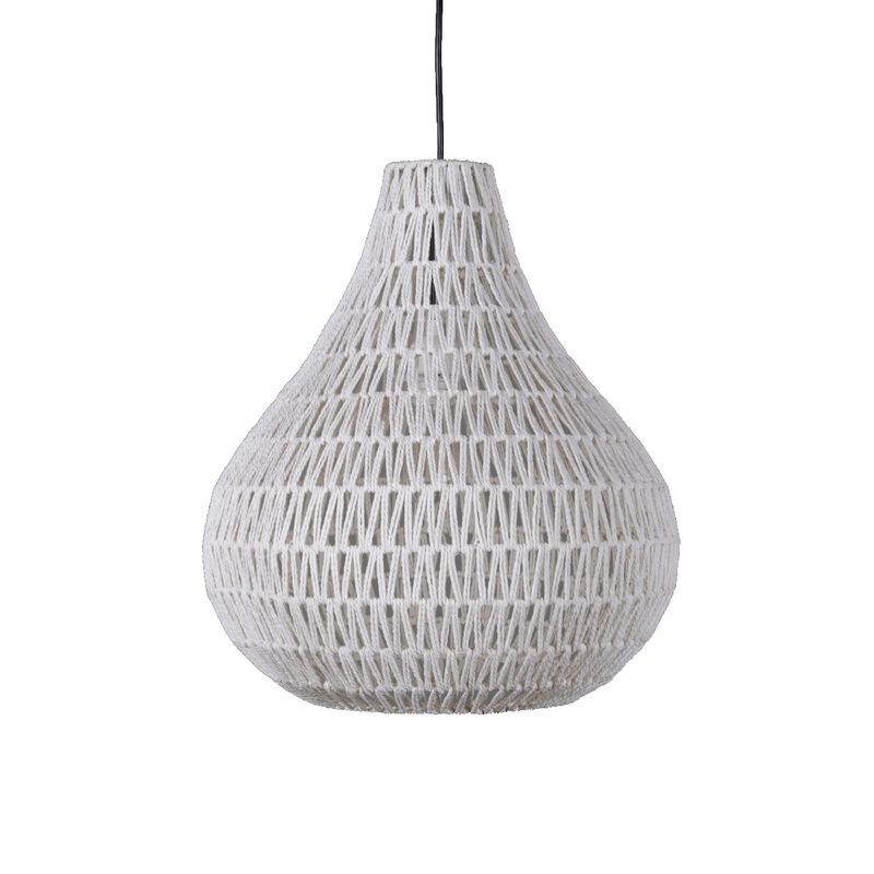 Boney 18 Inch Pendant Light, Woven Rope, Rounded Shape, Iron, White - Benzara