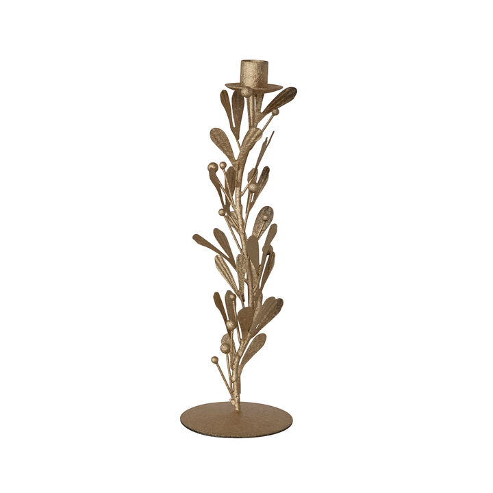 Distressed Antique Gold Iron Leaf & Berry Taper Holder