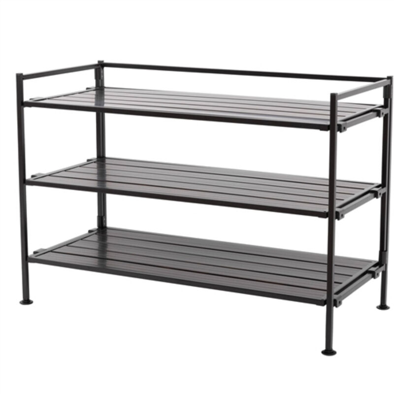 3-Tier Metal Shoe Rack with Woodgrain Resin Shelves Foldable and Stackable