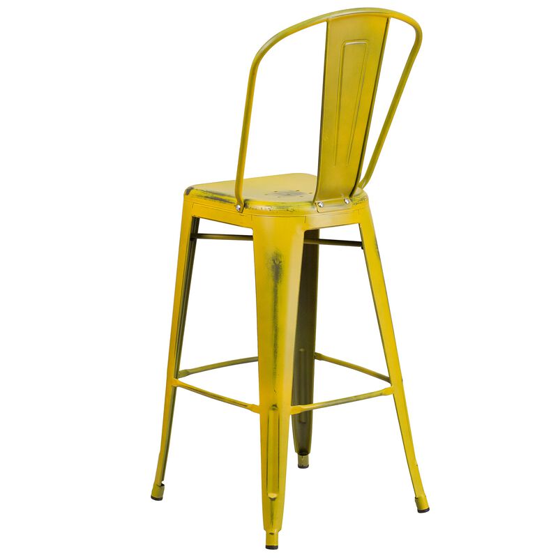 Flash Furniture Commercial Grade 30" High Distressed Yellow Metal Indoor-Outdoor Barstool with Back