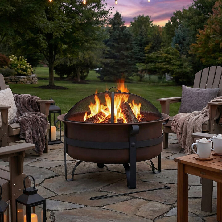 Sunnydaze 29 in Cauldron Style Steel Fire Pit with Spark Screen - Bronze