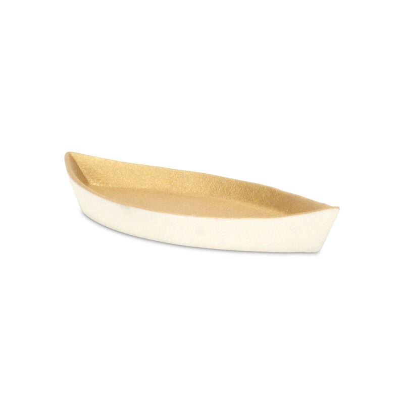 HomeRoots 10" Gold And Off White Cast Iron Oval Boat Shaped Tray image number 2