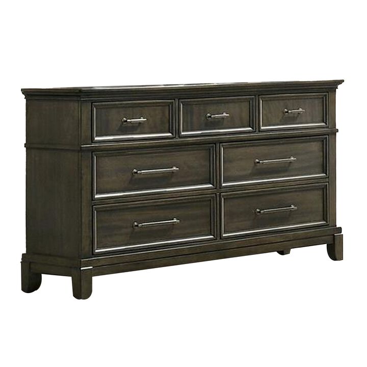 Benjara Ston 63 Inch Wide Dresser Chest, 7 Drawers, Handles, Wood, Gray and Pewter