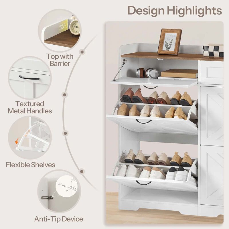 Farmhouse Style Shoe Organizer Cabinet with Flip-Down Storage Drawers-White image number 5