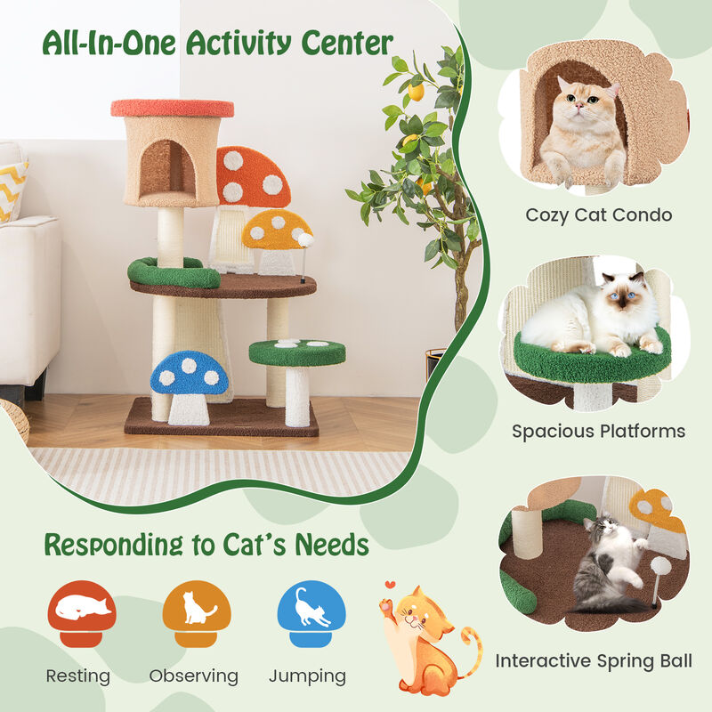4-In-1 Mushroom Cat Tree with Condo Spring Ball and Sisal Posts