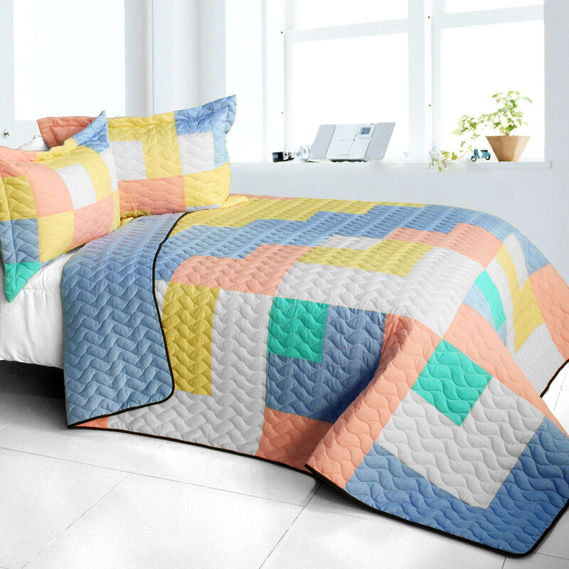 Queen Size 3-Piece Vermicelli Quilted Patchwork Quilt Set with Matching Shams image number 0