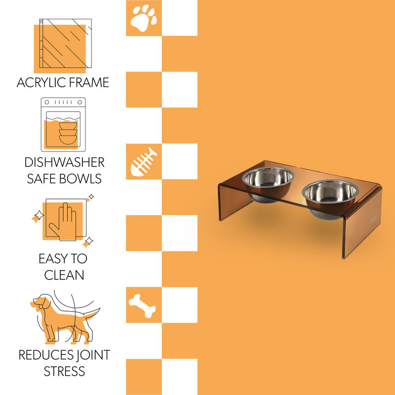 Keaton Modern Acrylic Rectangular Elevated Pet Feeder with Stainless Steel Bowls