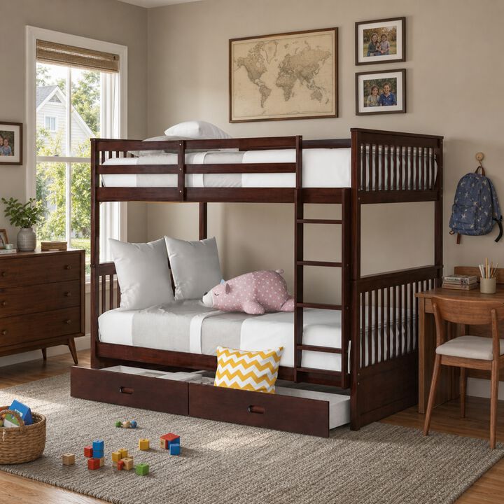 Whisen 80"x42.9" Twin-Over-Twin Bunk Bed, Solid Wood with 2 Drawers for Kids Bedroom