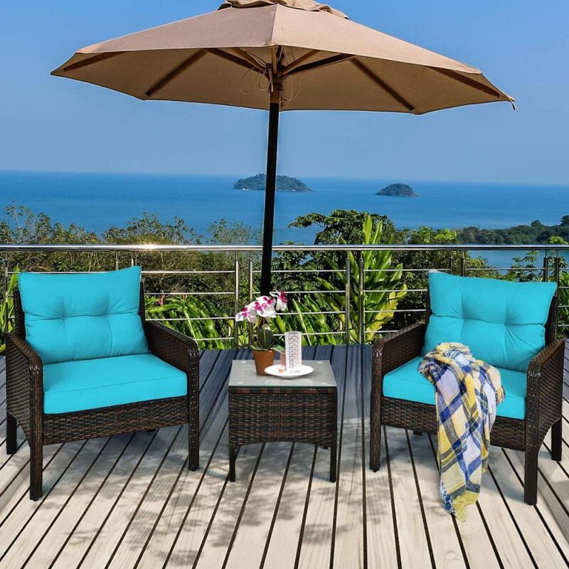 Hivvago 3-Piece Brown PE Rattan Outdoor Patio Furniture Dining Set w/ Turquoise Cushions