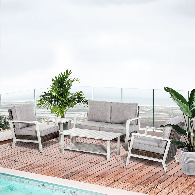 Beige Wicker Oasis: 5-Piece PE Rattan Set with Tables