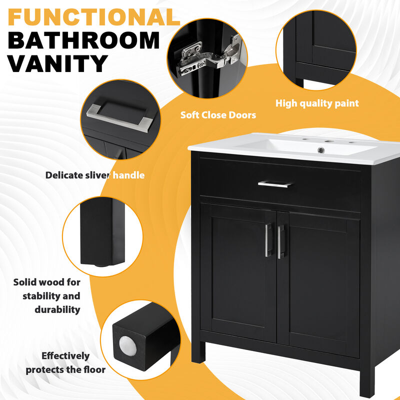 Modern 30-Inch Bathroom Vanity with  Ample Storage and Ceramic Sink - The Perfect Choice for Small Bathrooms