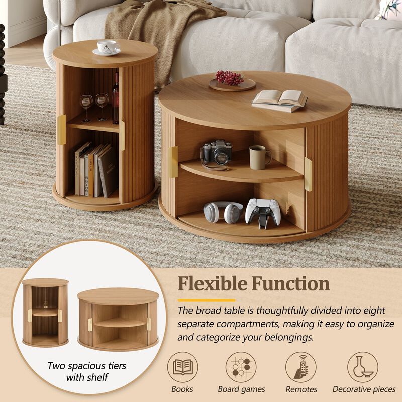 Mid Century Coffee Table Set with Sliding Tambour Door Fluted Round End Table with Storage image number 6