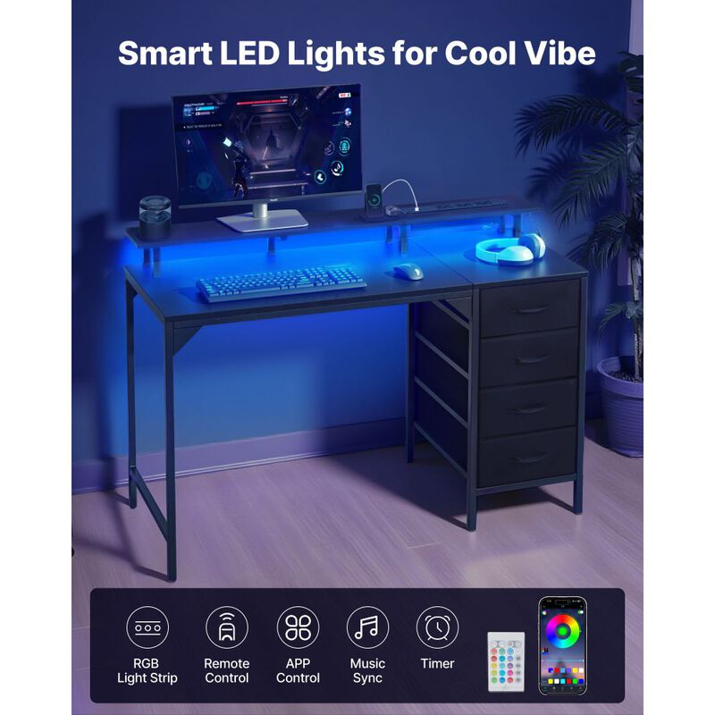 Gaming Desk with LED Lights, Charging Station, 4 Storage Drawers and Monitor Shelf-Black image number 4