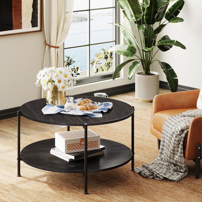 WLIVE Round Coffee Table for Living Room, 32.6"" Small Coffee Table with Open Storage Shelf, 2-Tier Industrial Circle Wood Cente