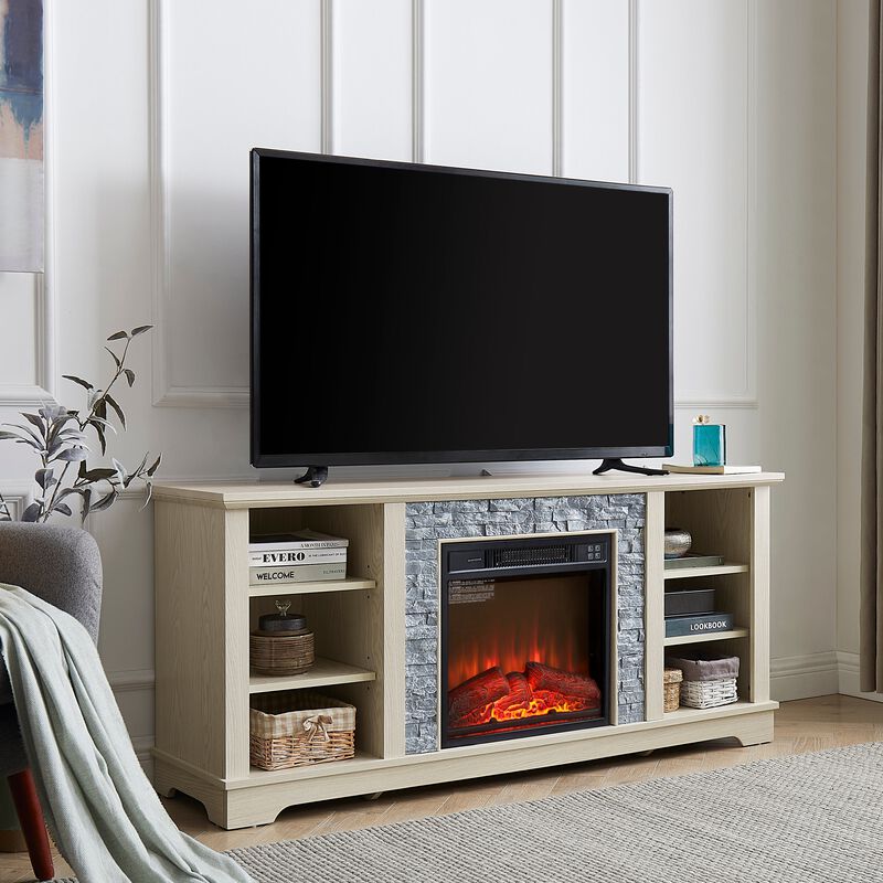 Mondawe Mantel 18 Inch Electric Fireplace TV Media Rack, Open Storage Modern Entertainment Console
