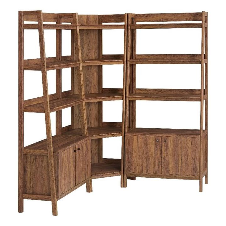 Modway Bixby 3-Piece Corner Bookshelf Set with Wide Bookshelves in Oak &ndash; 12-Tier Wood Bookcases with Open Shelves and Base Cabinets for Living Room, Bedroom, Or Home Office