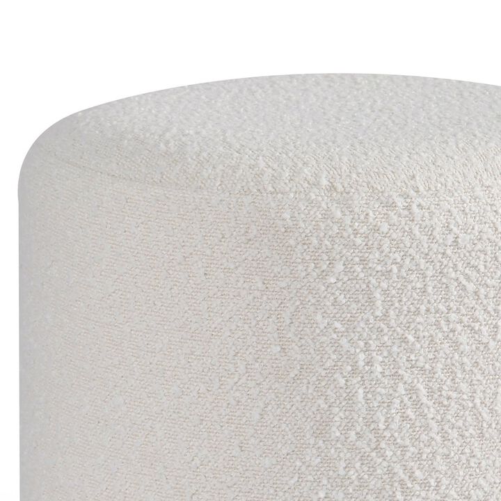 Glamour Home White Boucle Fabric Round Footstool Ottoman Golden Accent Base Medium Size