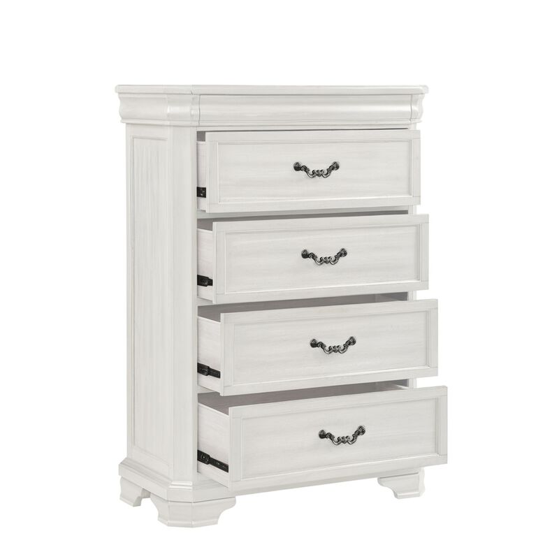 Lynda Tall Dresser Chest, 4 Drawers, Classic White Solid Acacia Wood - Benzara image number 2