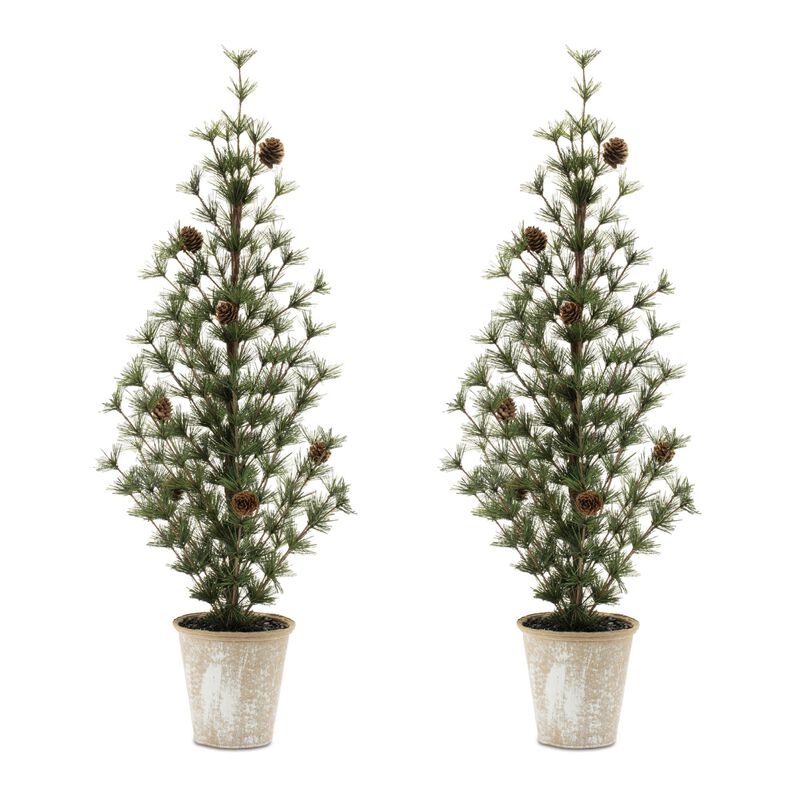 Mini Pine Tree Set of 2 in Pots for Christmas Entryway or Seasonal Home Decor